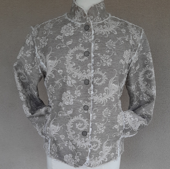 Chico's Women's Jacket Brocade Fuax Fur Fringe - Picture 2 of 15